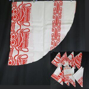 Vintage Tahitian Tablecloth 8 Napkins Hand Round 62 inch Red White Polynesian